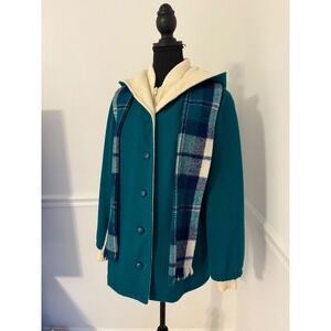 Vintage Y2K Mackintosh wool coat Teal Hooded Cottagecore/ Preppy women  Size 8